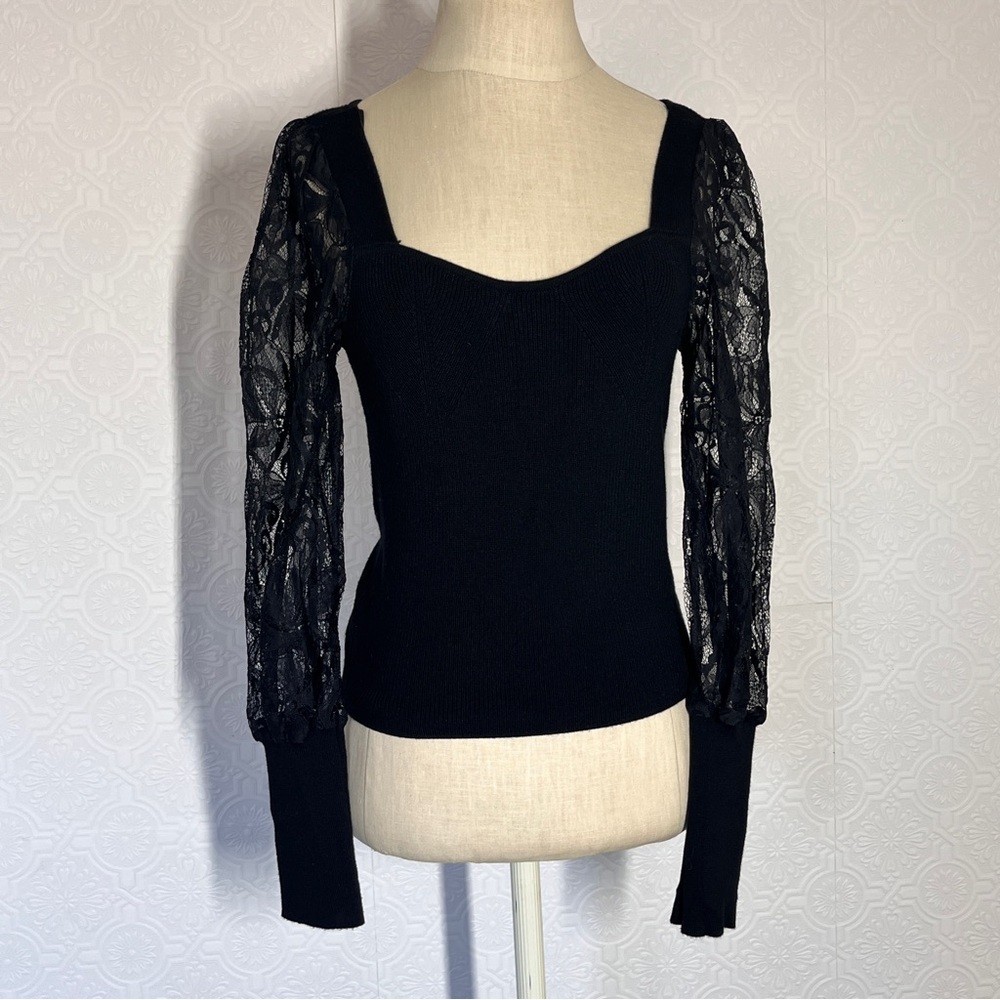 Anthropologie knit sweater lace sleeve black
▪️Size Small 
Like New